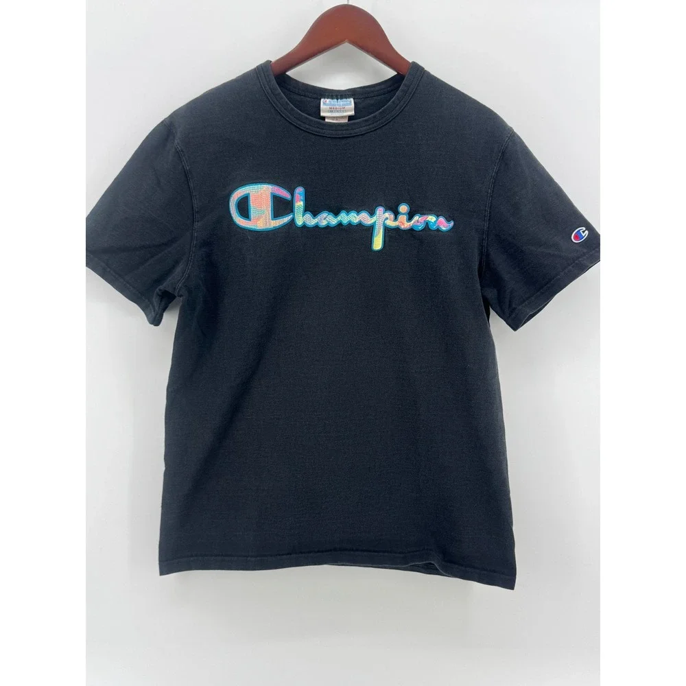 Champion T Shirt‎ Black Rainbow Logo Graphic Tee Mens Medium